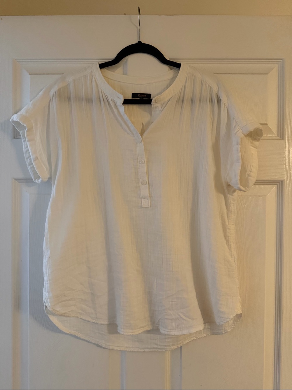Quince White Short-Sleeve Button-Front Split-Neck Top - Picture 4 of 4